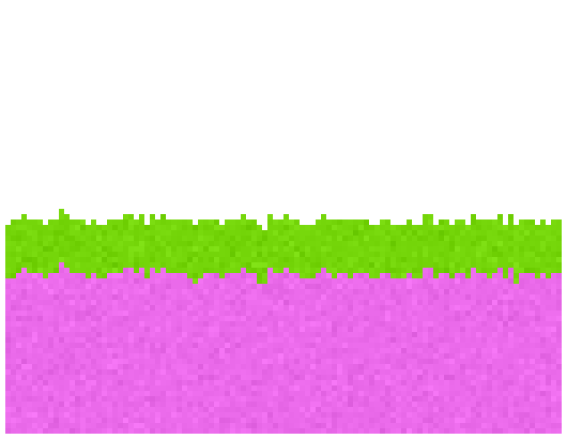 A world generated with the layers [[0.75, 'lime'], [0, 'pink'], [0.25, 'red'], [0.5, 'teal']], resulting in the pink layer, which is out of descending order, replacing all of the layers after it.